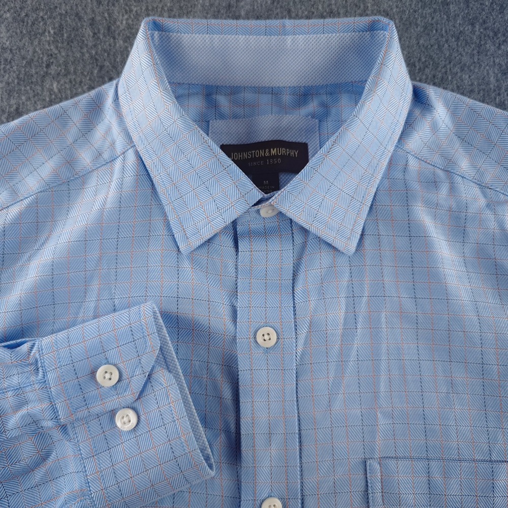 Johnston & Murphy Button Down Shirt Mens Medium Blue Dobby Grid Long Sleeve